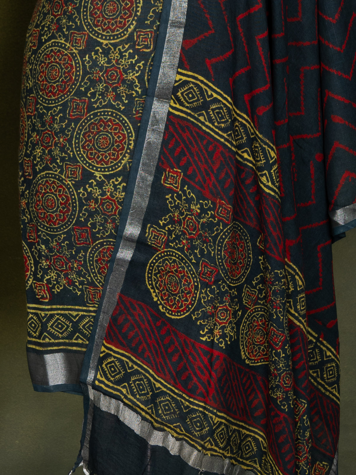 Linen cotton dress material drak green with allover ajrakh prints and bottom & dupatta