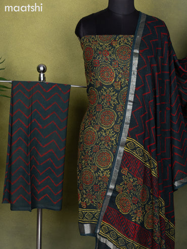 Linen cotton dress material drak green with allover ajrakh prints and bottom & dupatta