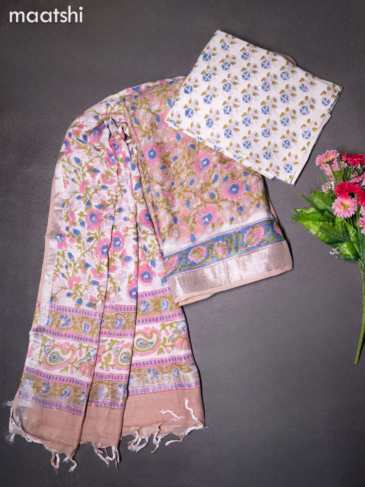 Linen cotton dress material pastel brown and off white with allover floral prints and bottom & dupatta