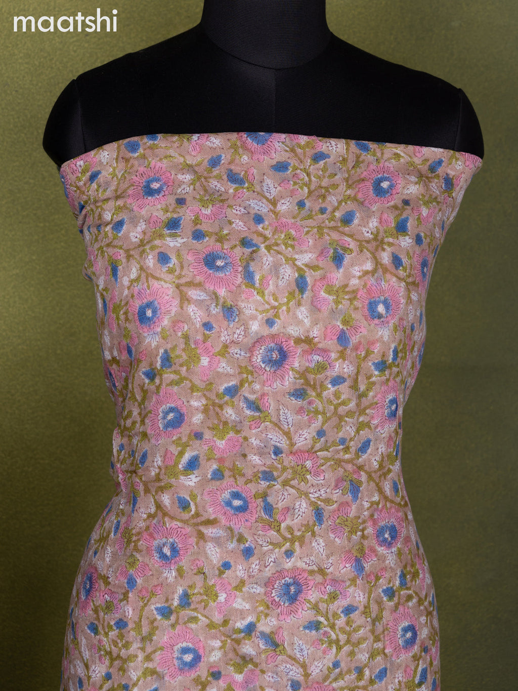 Linen cotton dress material pastel brown and off white with allover floral prints and bottom & dupatta