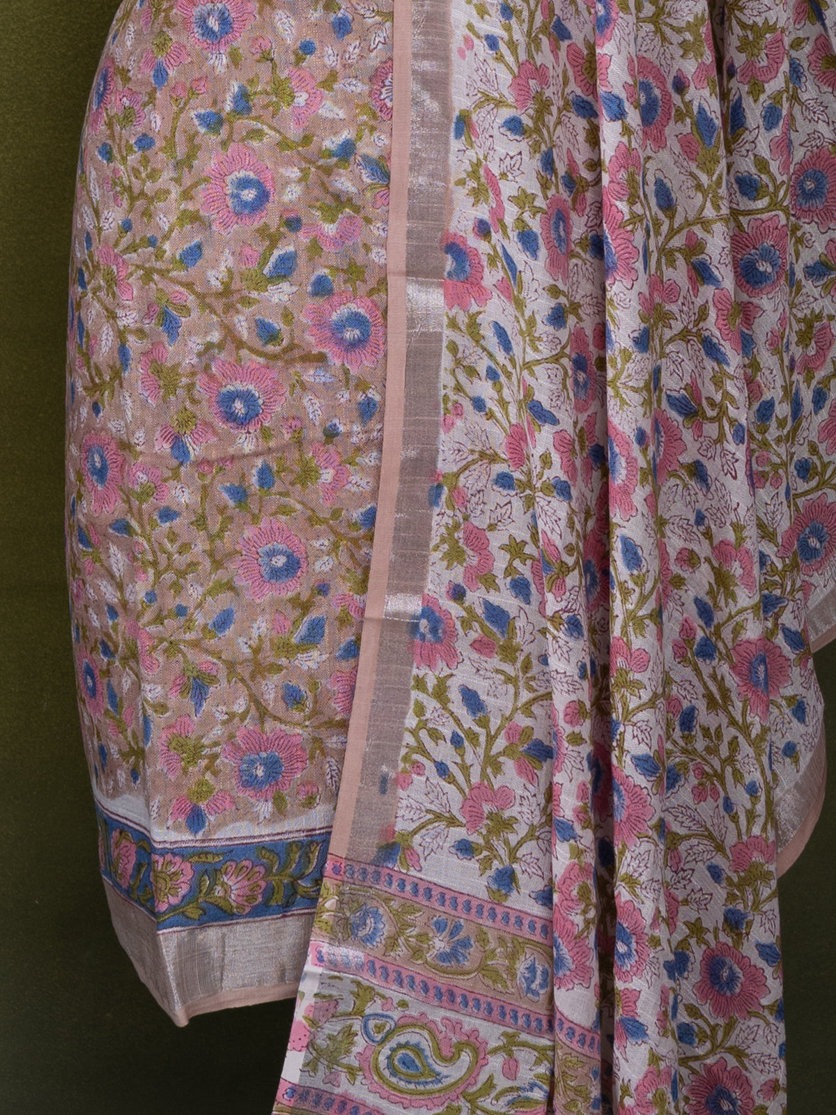Linen cotton dress material pastel brown and off white with allover floral prints and bottom & dupatta