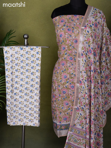 Linen cotton dress material pastel brown and off white with allover floral prints and bottom & dupatta