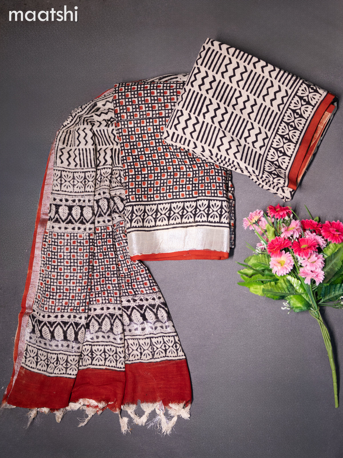 Linen cotton dress material black and beige with allover prints and bottom & dupatta