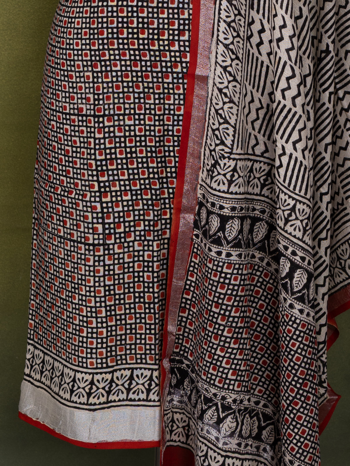 Linen cotton dress material black and beige with allover prints and bottom & dupatta