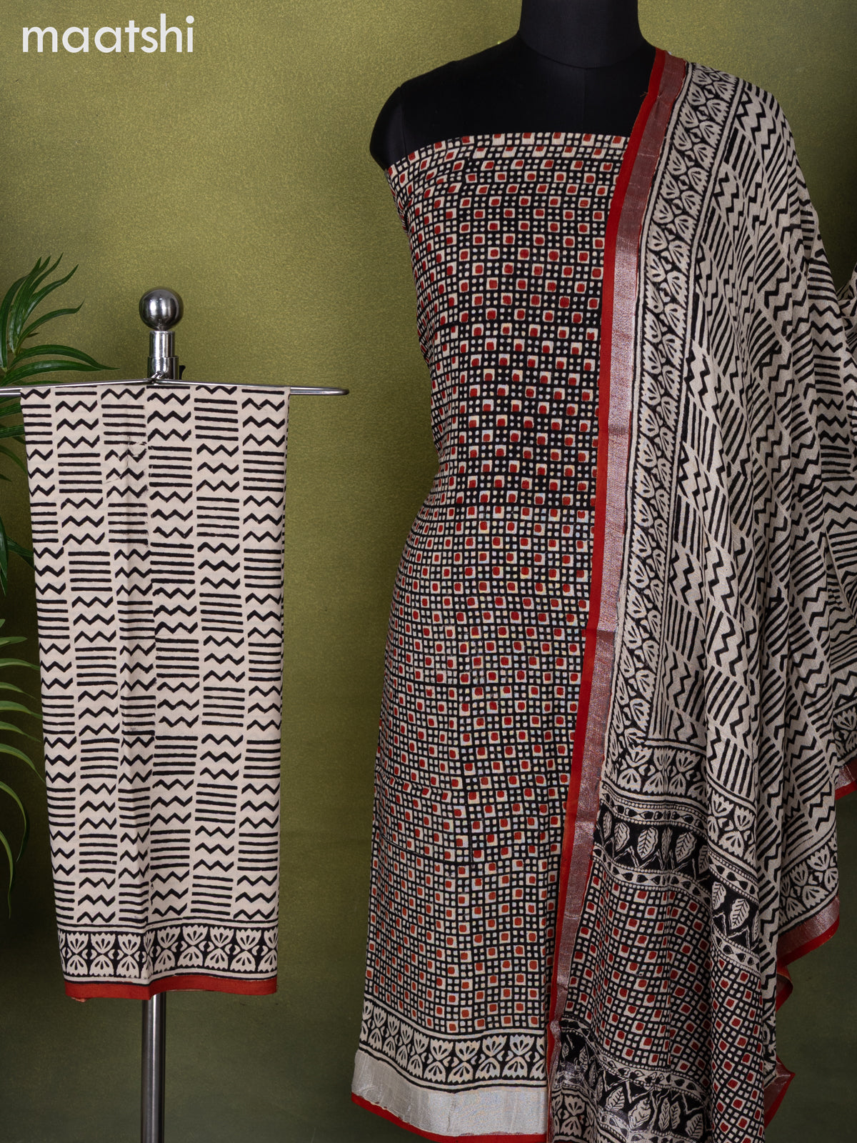 Linen cotton dress material black and beige with allover prints and bottom & dupatta