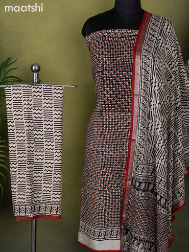 Linen cotton dress material black and beige with allover prints and bottom & dupatta