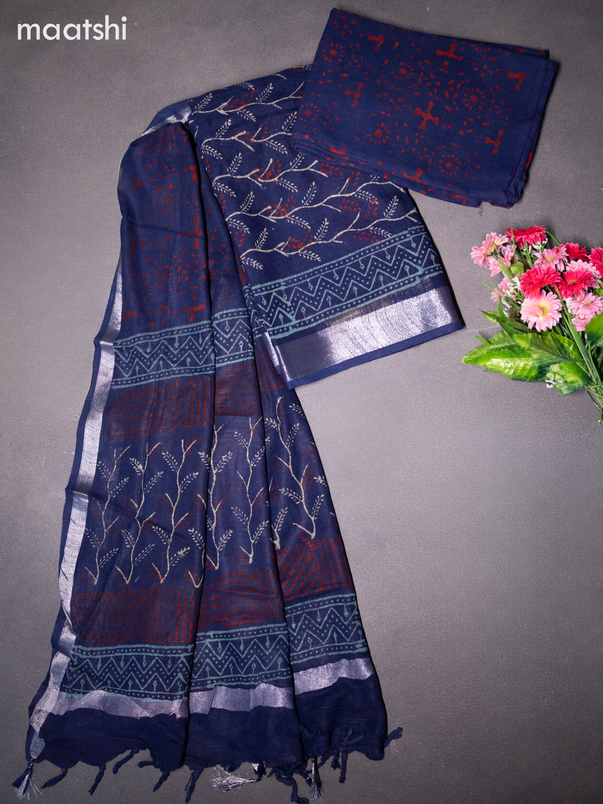 Linen cotton dress material navy blue with allover prints and bottom & dupatta