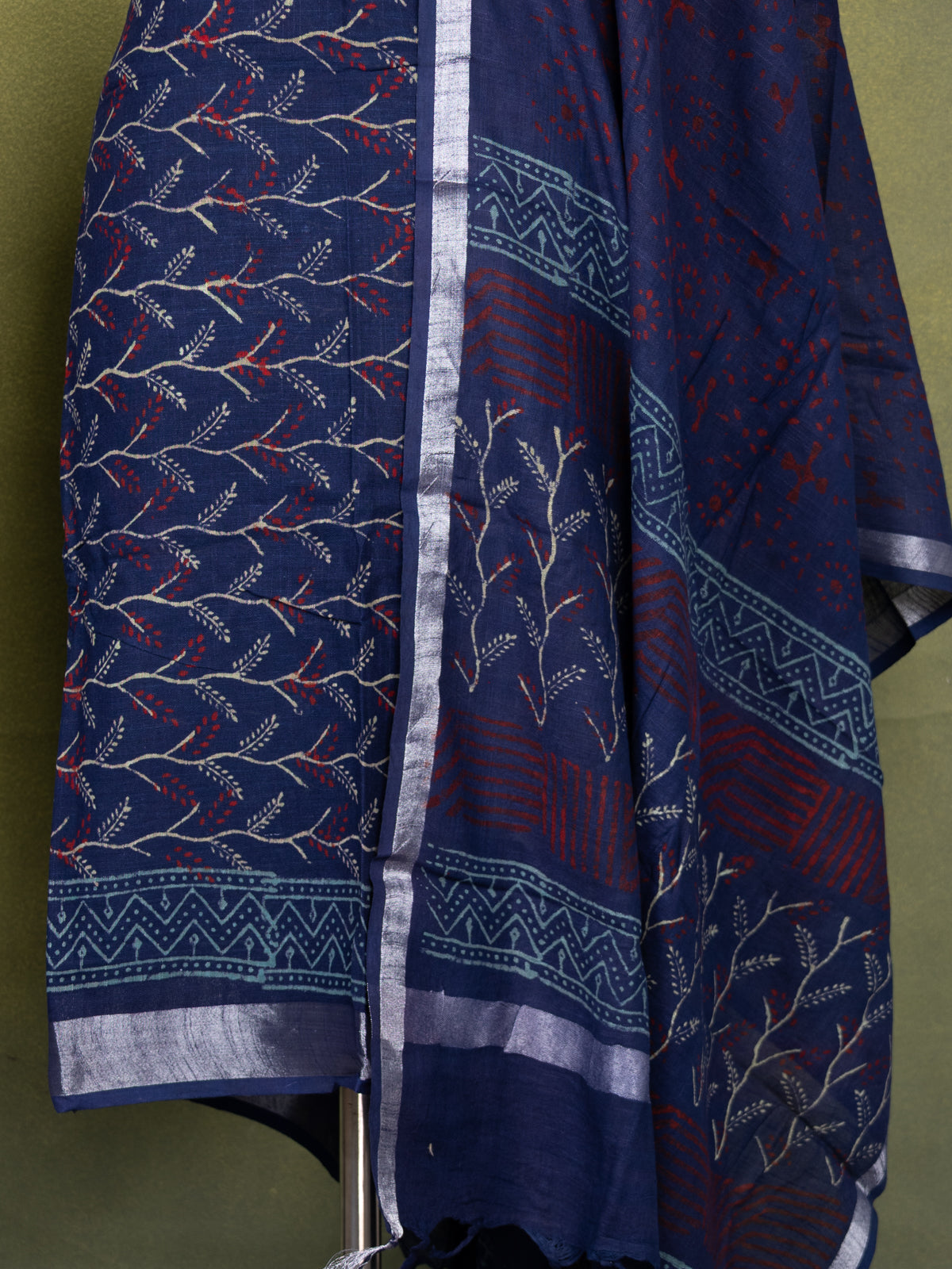 Linen cotton dress material navy blue with allover prints and bottom & dupatta