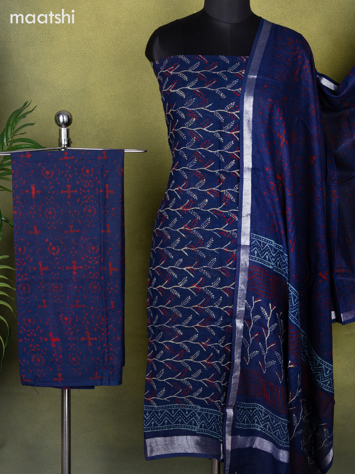 Linen cotton dress material navy blue with allover prints and bottom & dupatta