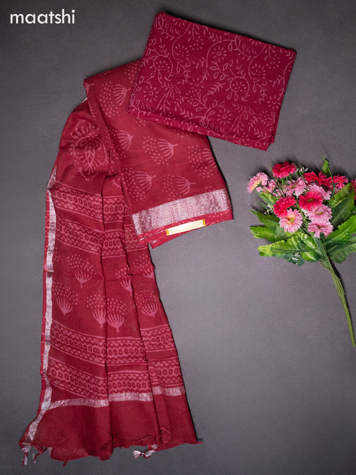 Linen cotton dress material maroon with allover butta prints and bottom & dupatta