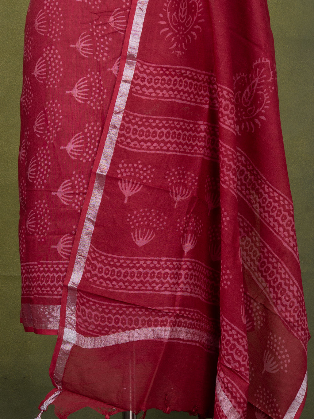 Linen cotton dress material maroon with allover butta prints and bottom & dupatta