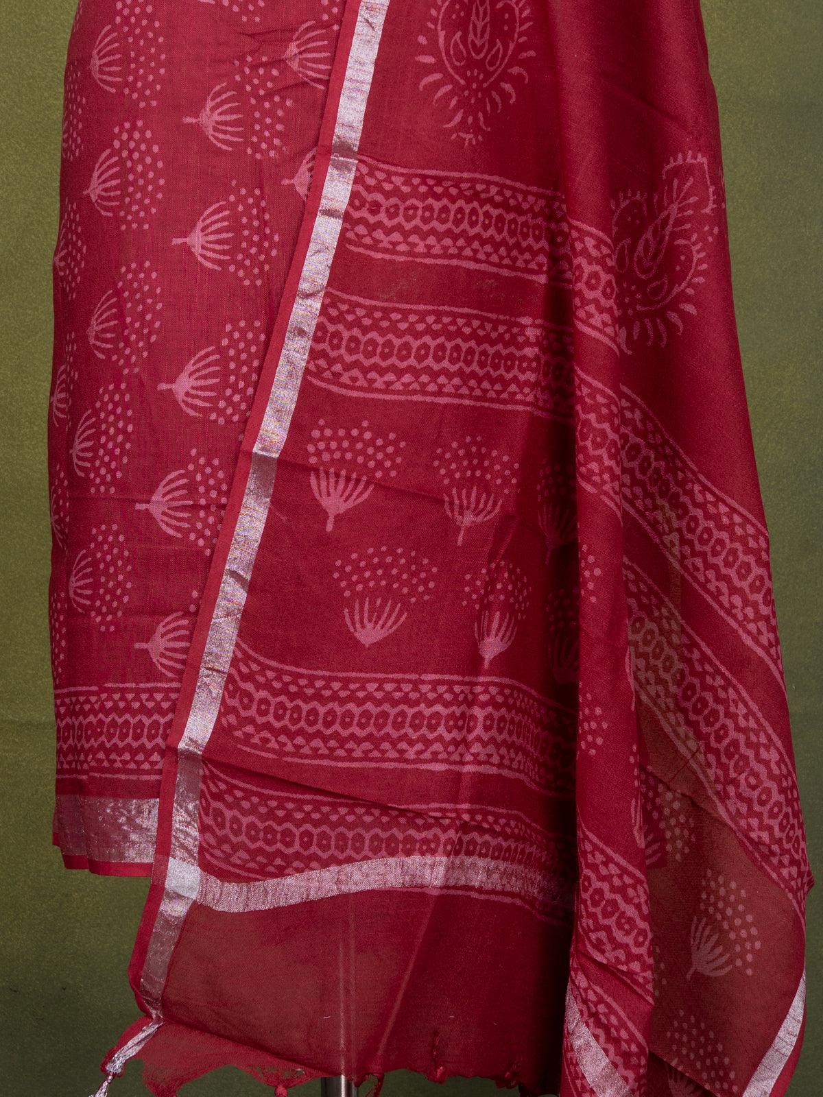 Linen cotton dress material maroon with allover butta prints and bottom & dupatta