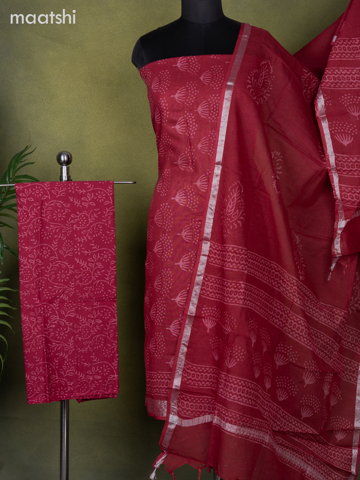 Linen cotton dress material maroon with allover butta prints and bottom & dupatta