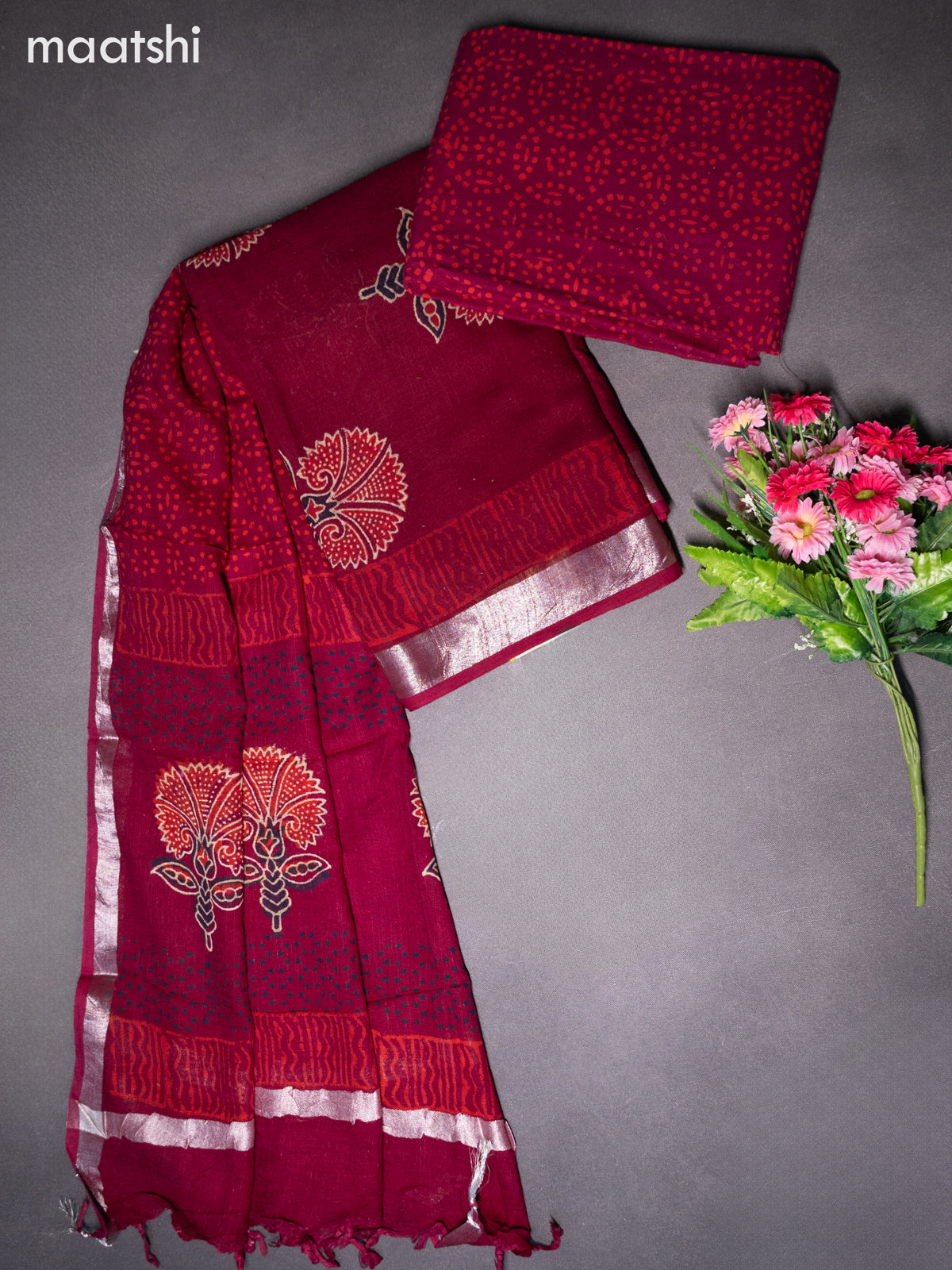 Linen cotton dress material maroon with butta prints and bottom & dupatta