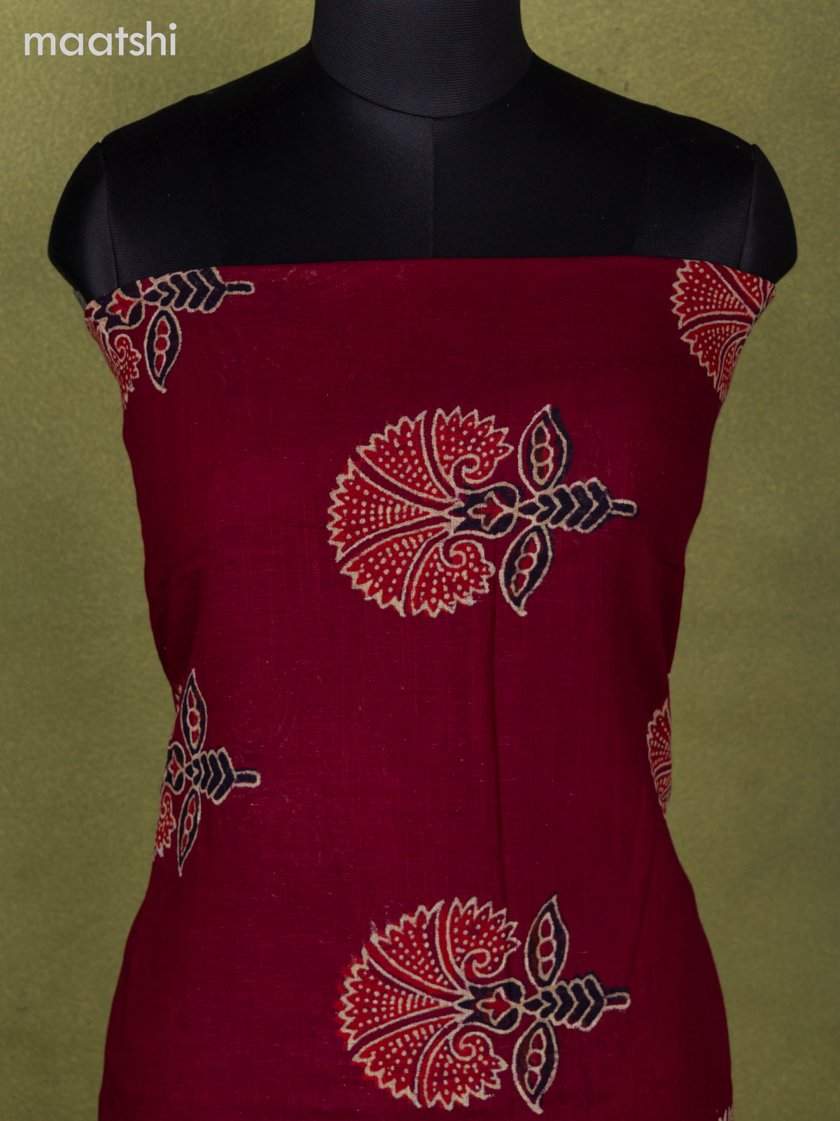 Linen cotton dress material maroon with butta prints and bottom & dupatta