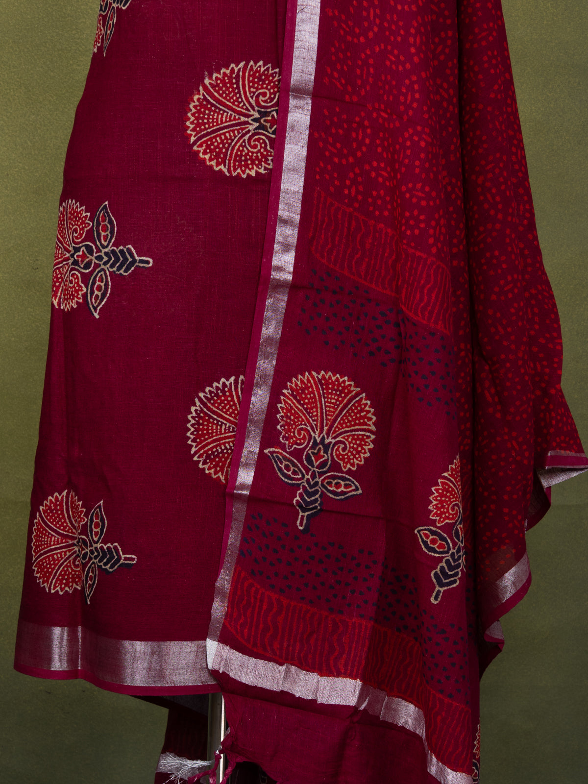 Linen cotton dress material maroon with butta prints and bottom & dupatta