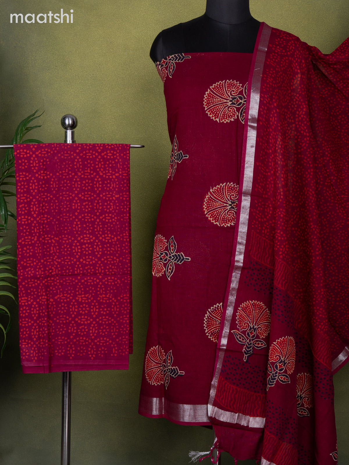 Linen cotton dress material maroon with butta prints and bottom & dupatta