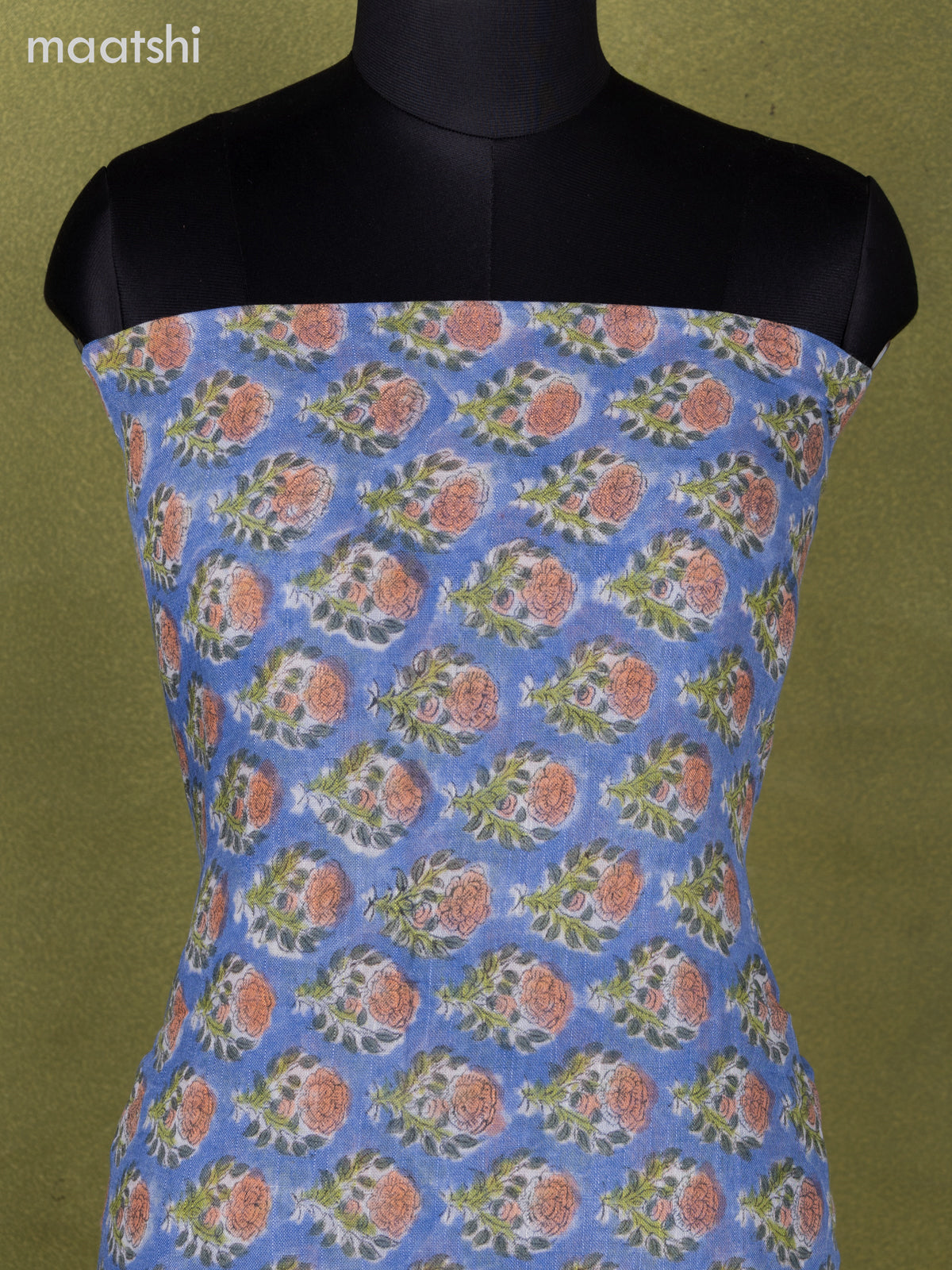 Linen cotton dress material blue shade and off white with allover floral butta prints and bottom & dupatta