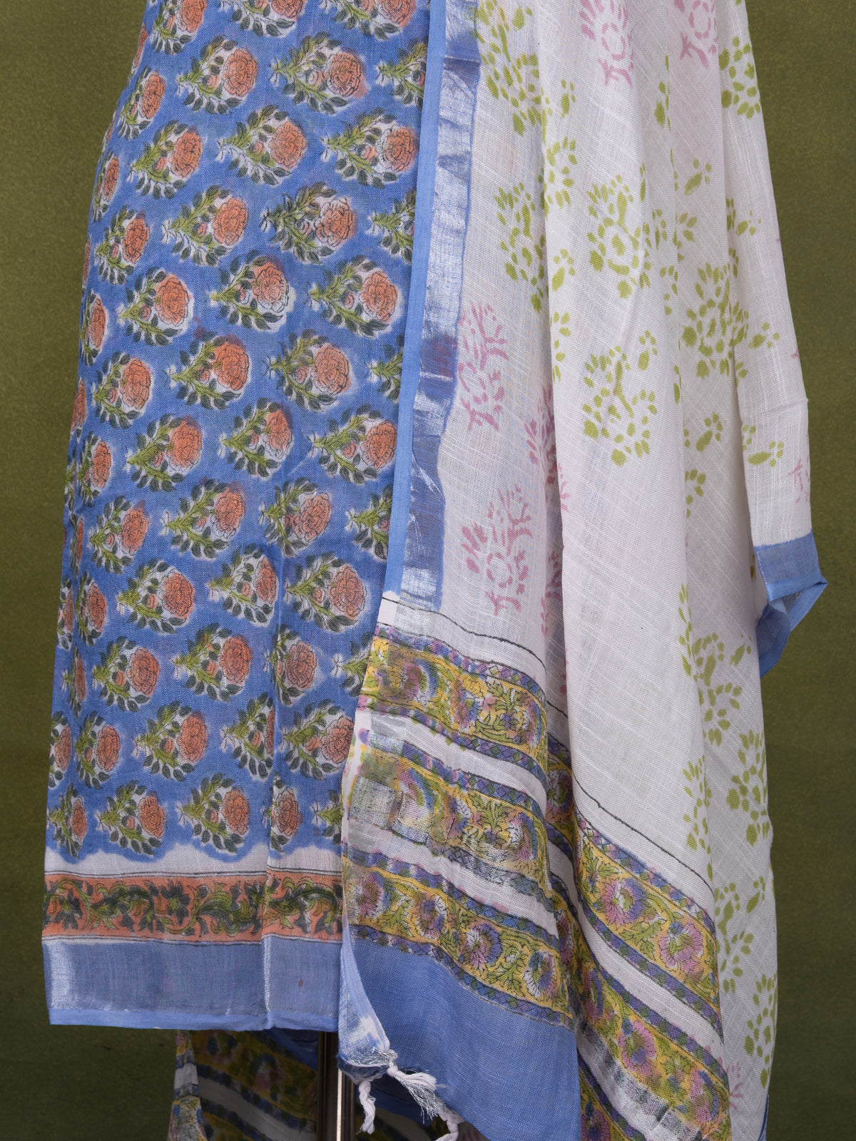 Linen cotton dress material blue shade and off white with allover floral butta prints and bottom & dupatta