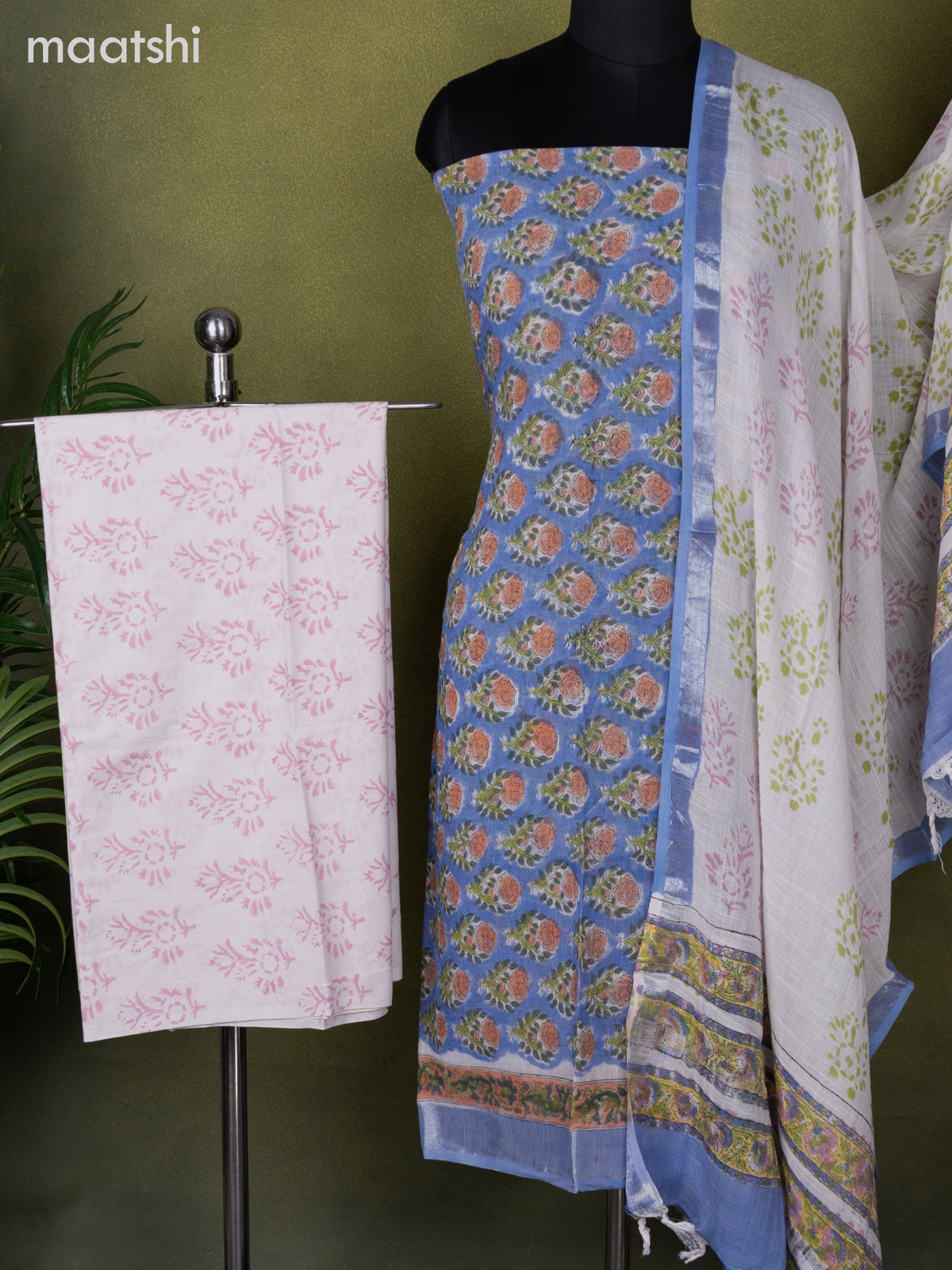 Linen cotton dress material blue shade and off white with allover floral butta prints and bottom & dupatta