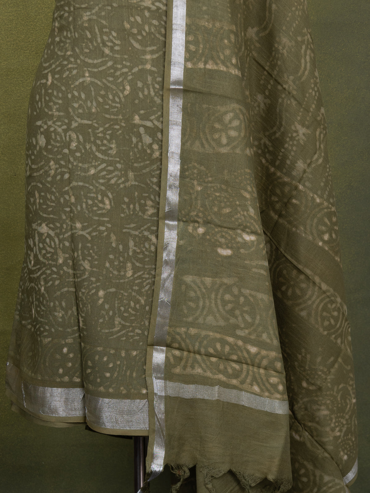Linen cotton dress material mehendi green with allover prints and bottom & dupatta