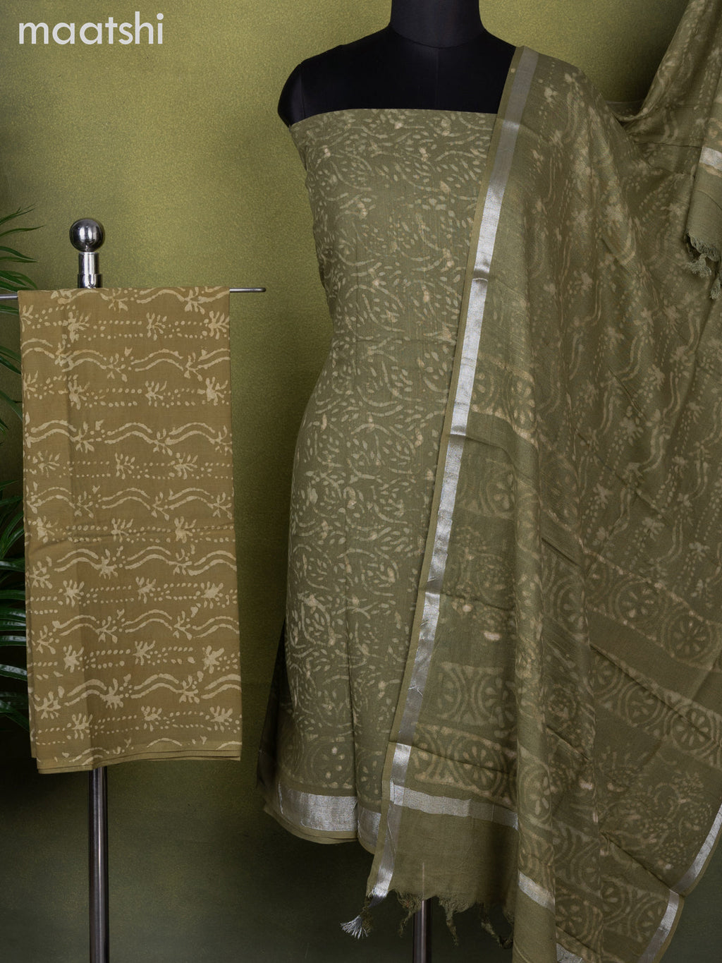 Linen cotton dress material mehendi green with allover prints and bottom & dupatta