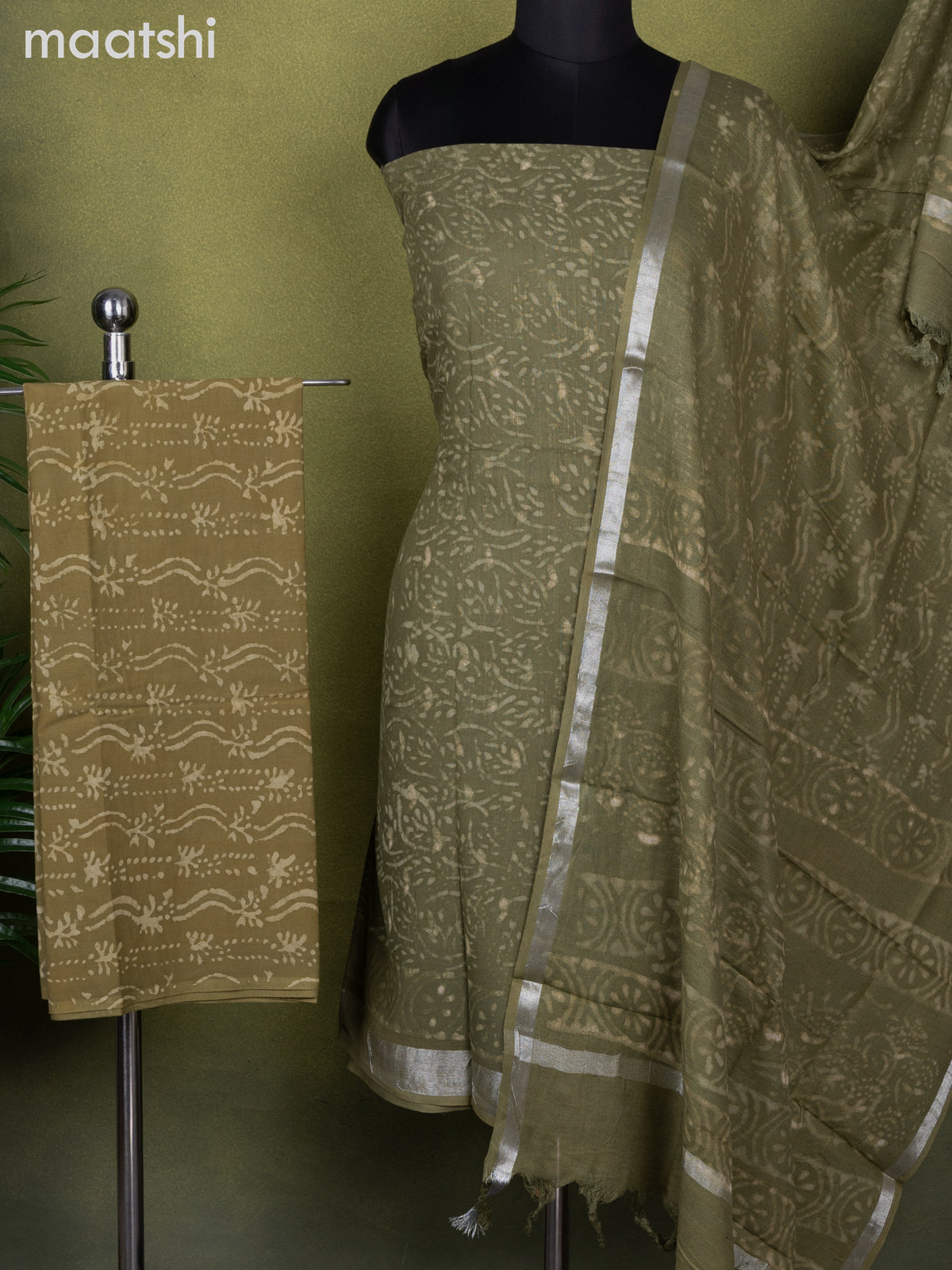 Linen cotton dress material mehendi green with allover prints and bottom & dupatta