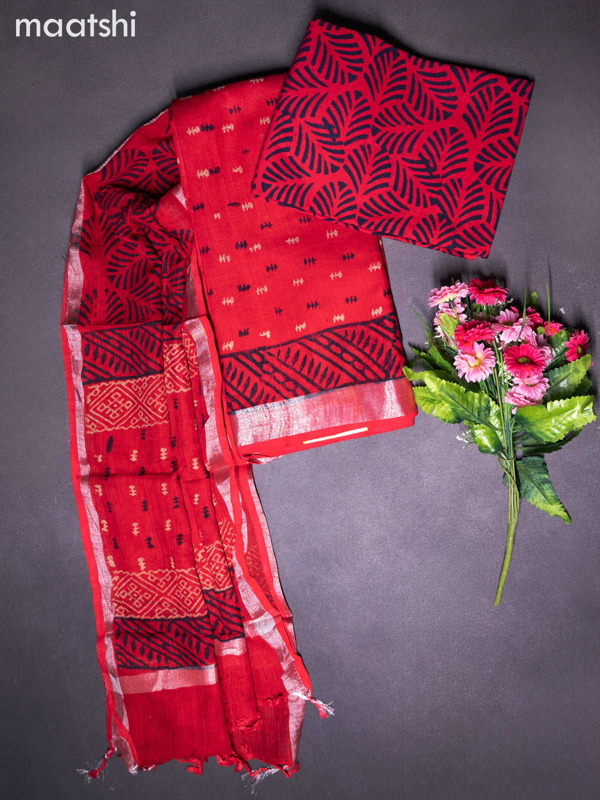 Linen cotton dress material red with butta prints and bottom & dupatta