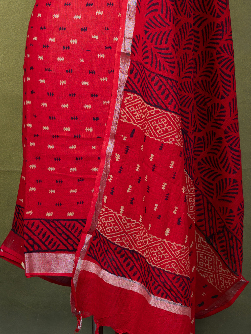 Linen cotton dress material red with butta prints and bottom & dupatta