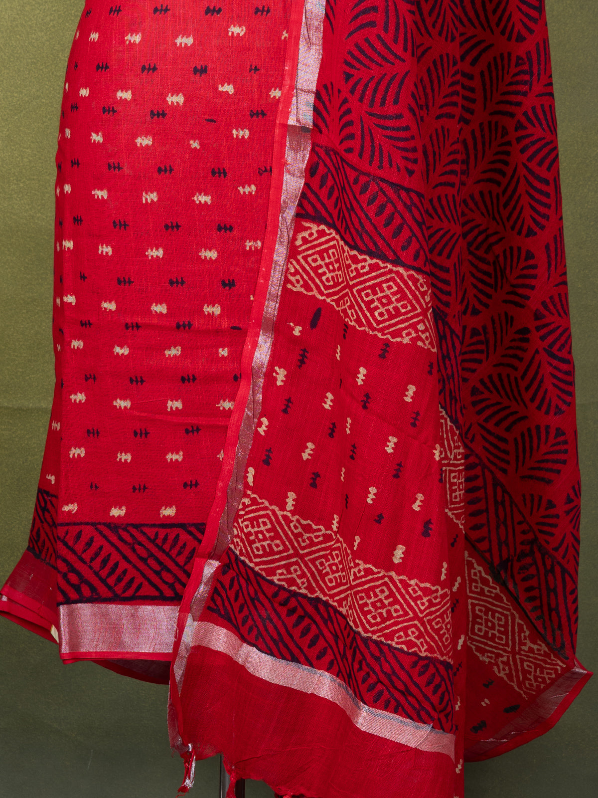 Linen cotton dress material red with butta prints and bottom & dupatta