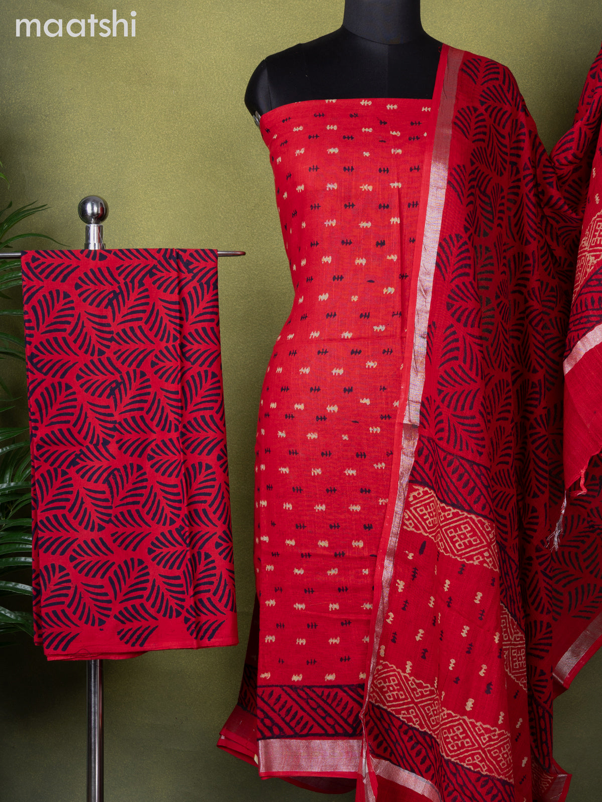 Linen cotton dress material red with butta prints and bottom & dupatta