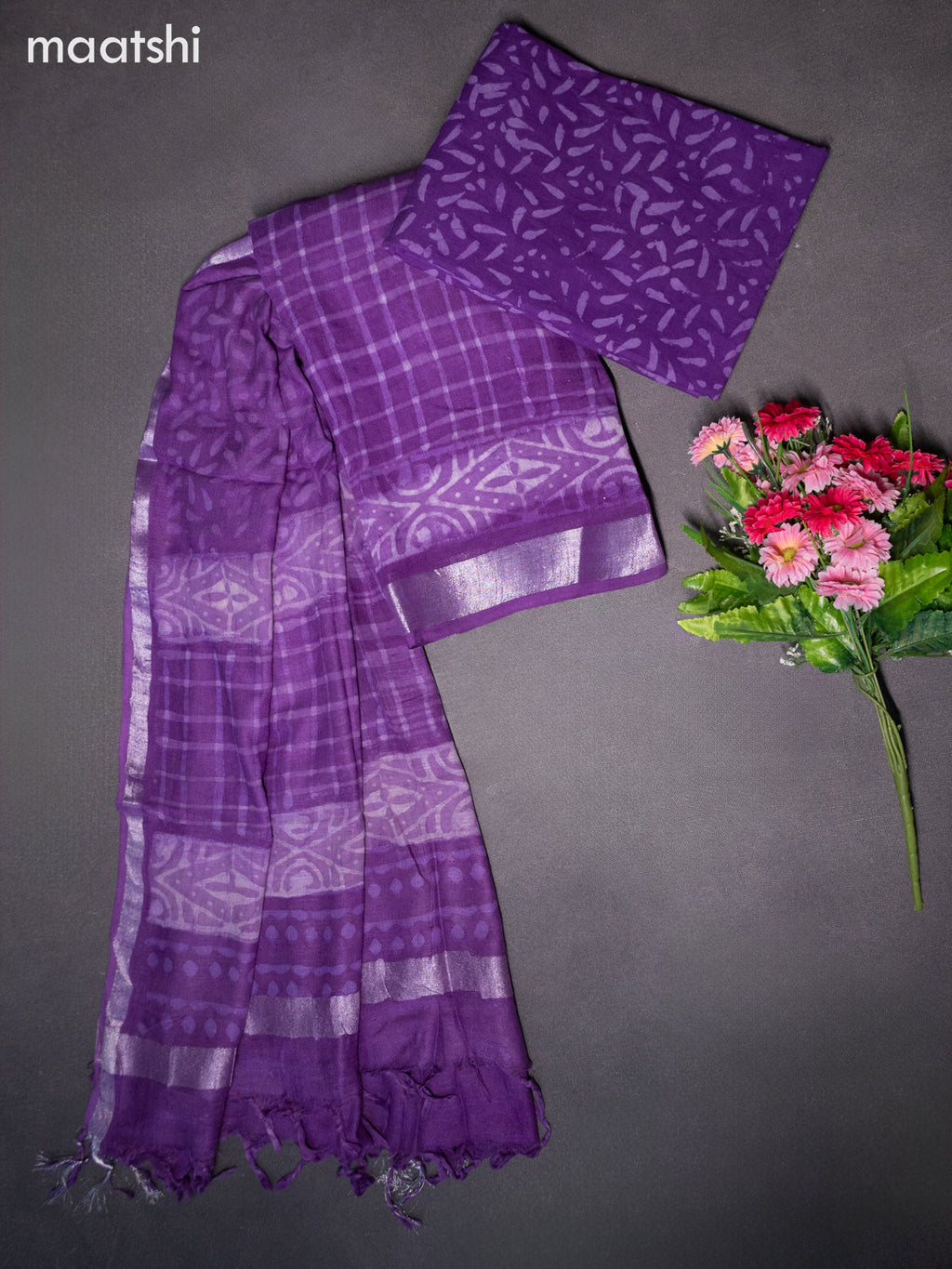 Linen cotton dress material violet with allover checked pattern and bottom & dupatta
