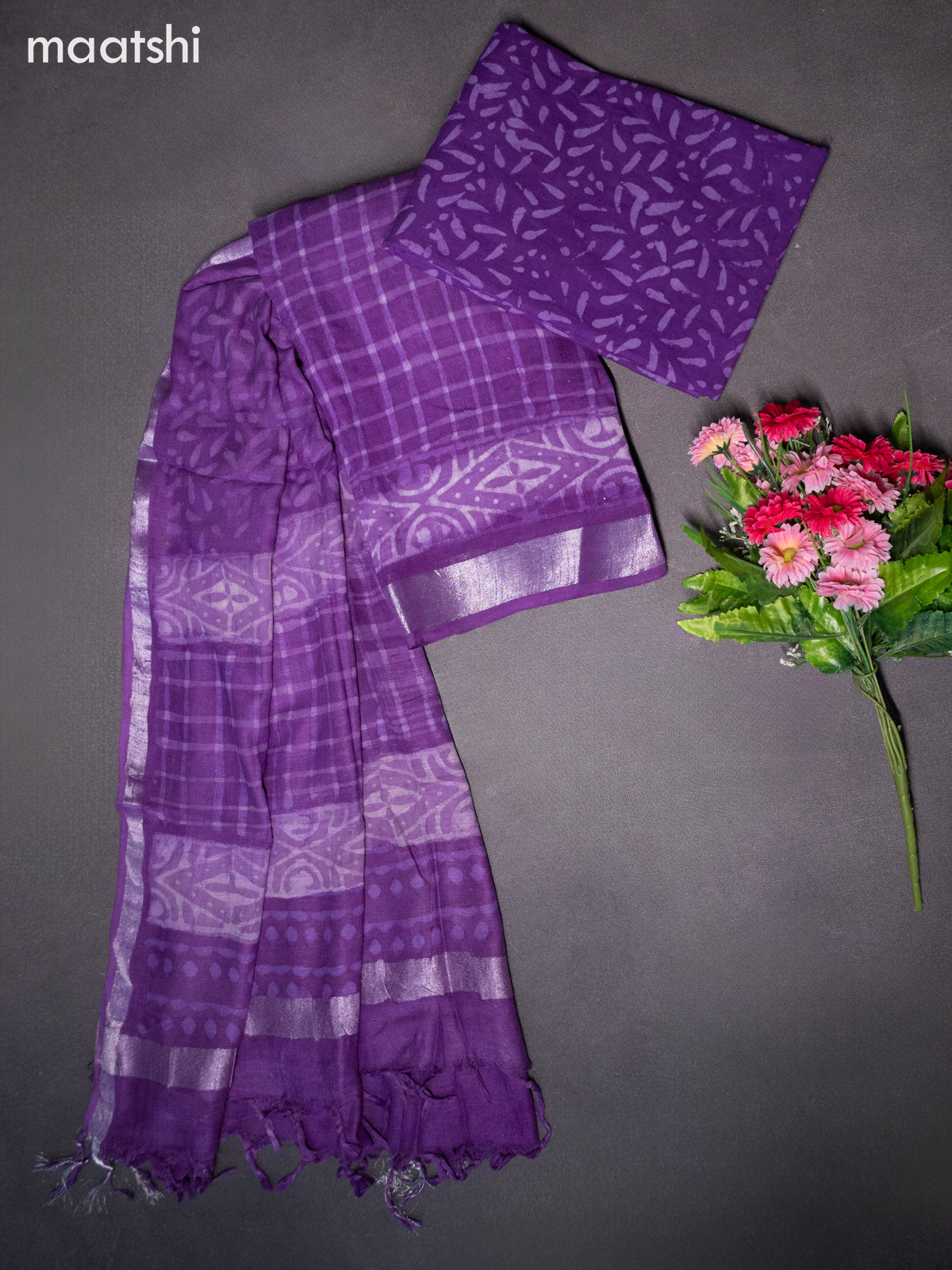 Linen cotton dress material violet with allover checked pattern and bottom & dupatta