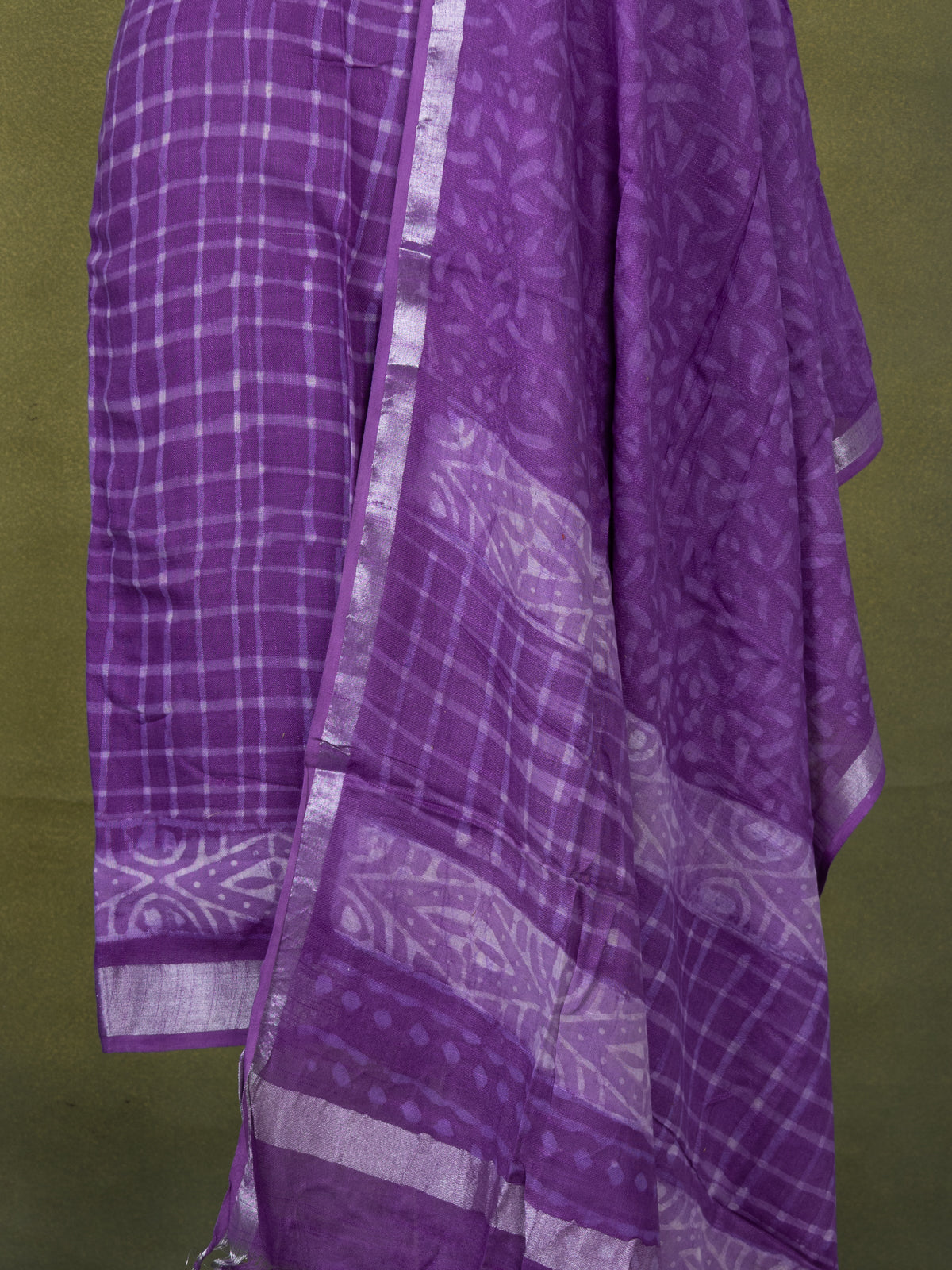 Linen cotton dress material violet with allover checked pattern and bottom & dupatta