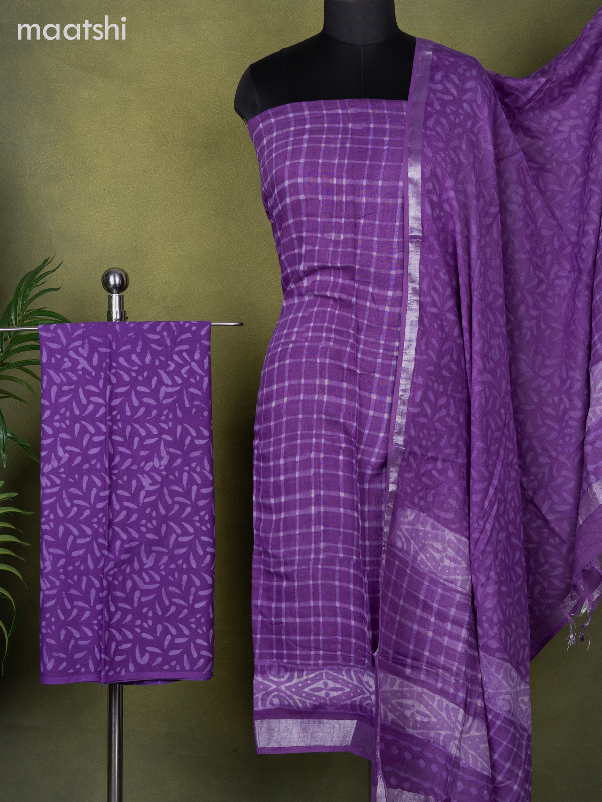 Linen cotton dress material violet with allover checked pattern and bottom & dupatta