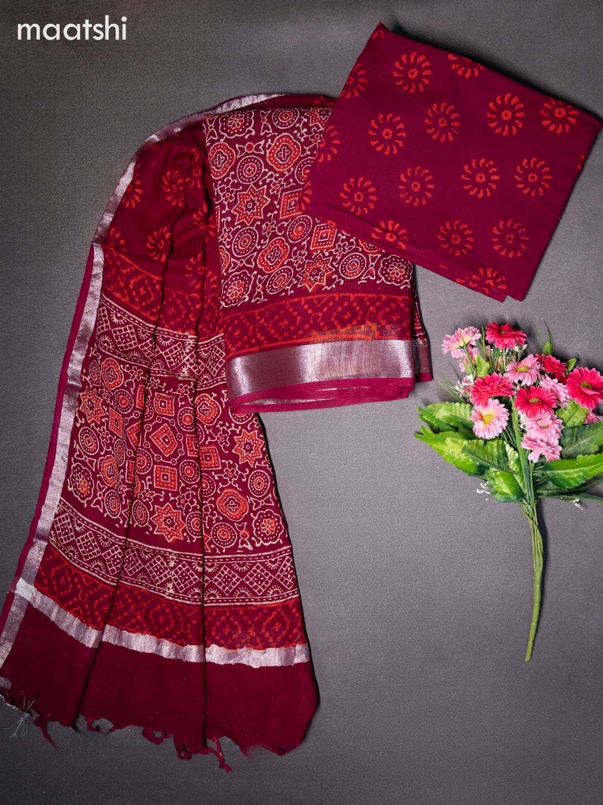 Linen cotton dress material maroon with allover ajrakh prints and bottom & dupatta