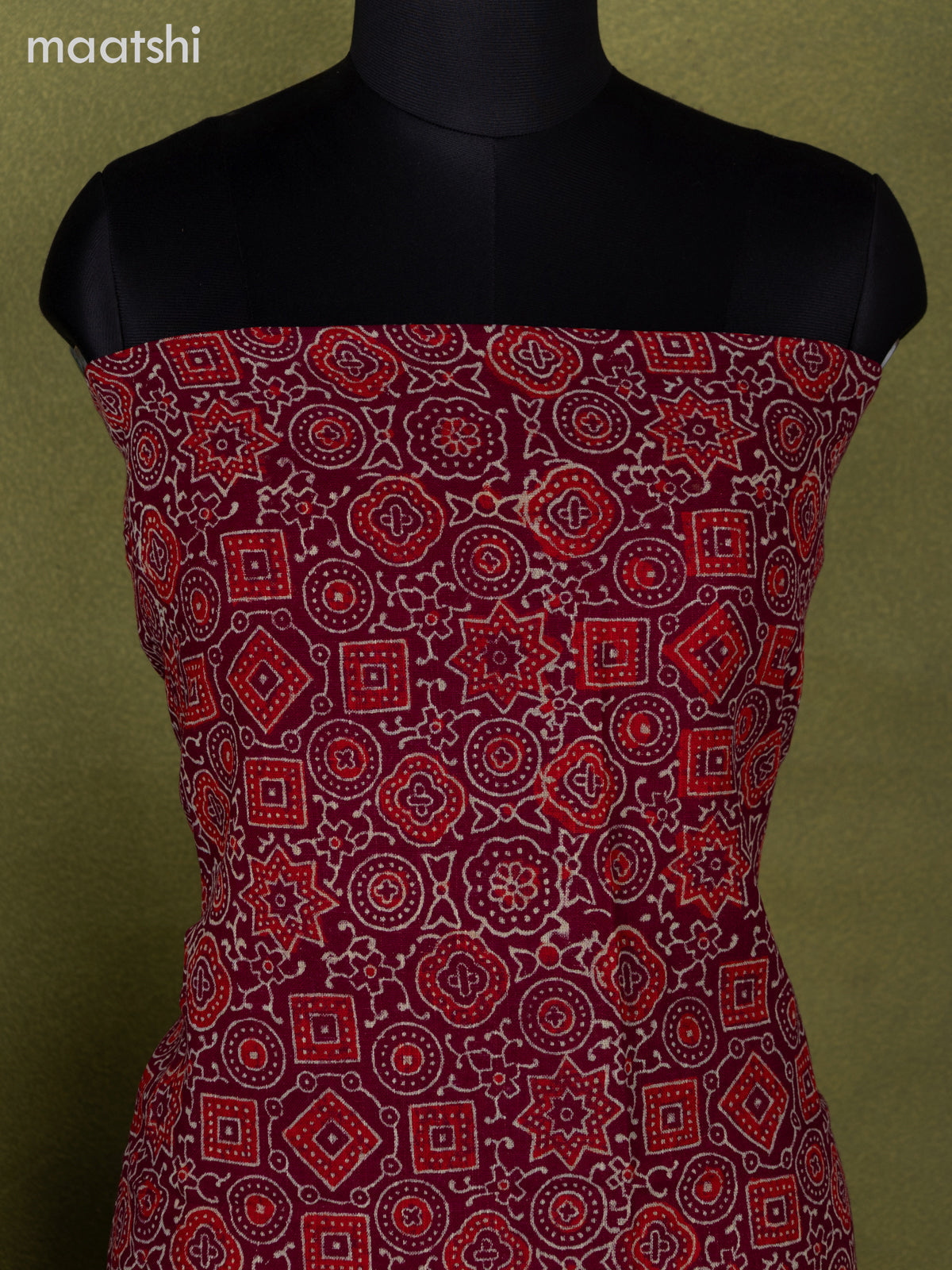 Linen cotton dress material maroon with allover ajrakh prints and bottom & dupatta