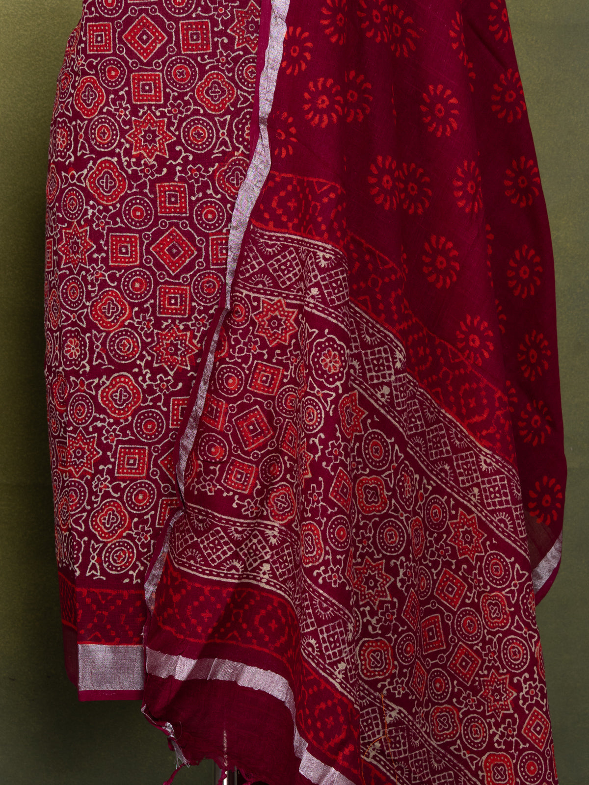 Linen cotton dress material maroon with allover ajrakh prints and bottom & dupatta