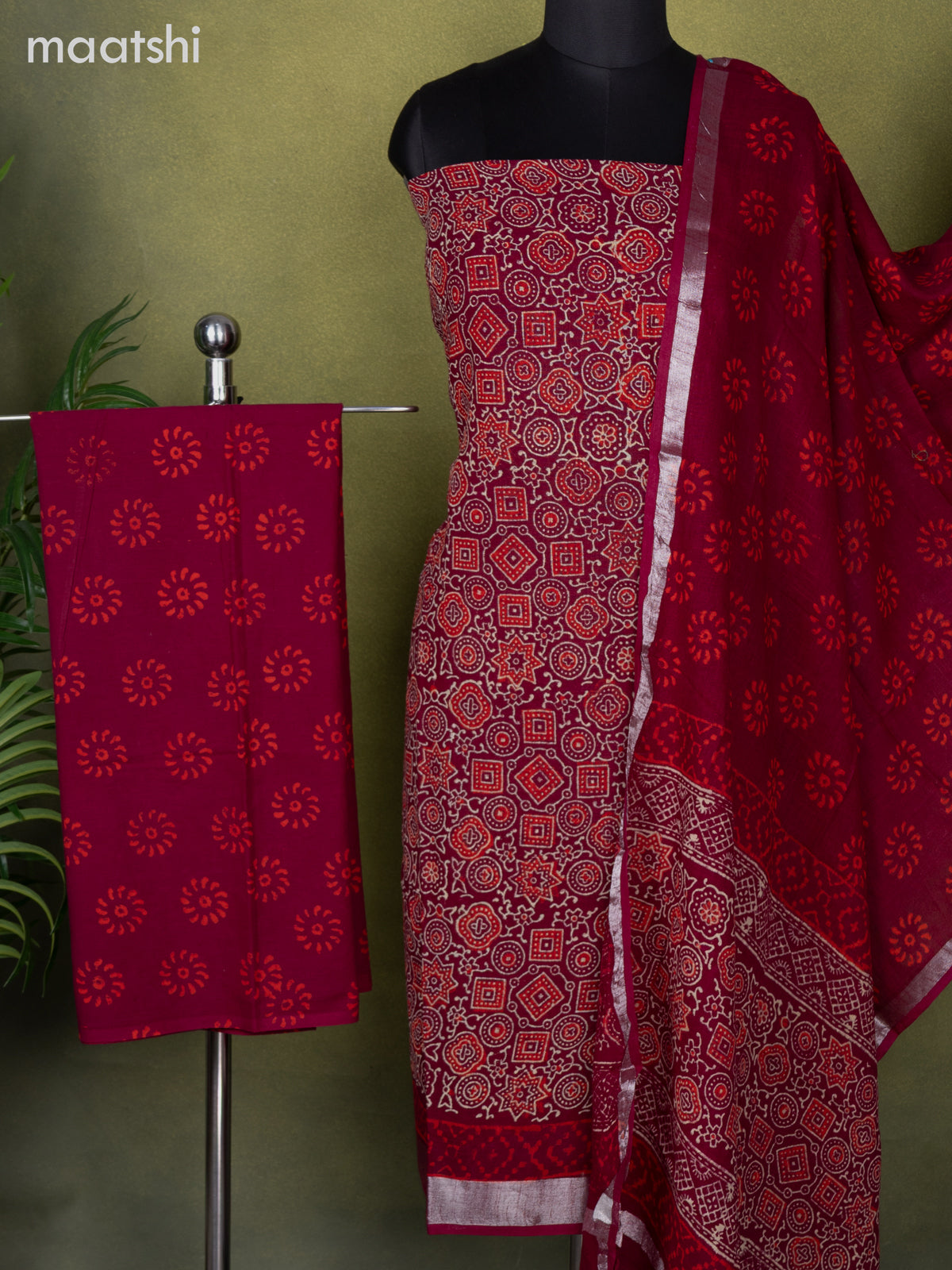 Linen cotton dress material maroon with allover ajrakh prints and bottom & dupatta