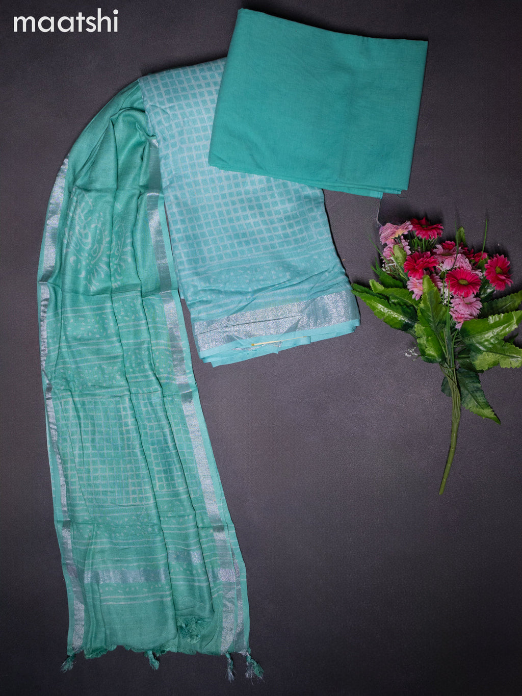 Linen cotton dress material teal blue shade with allover prints and bottom & dupatta