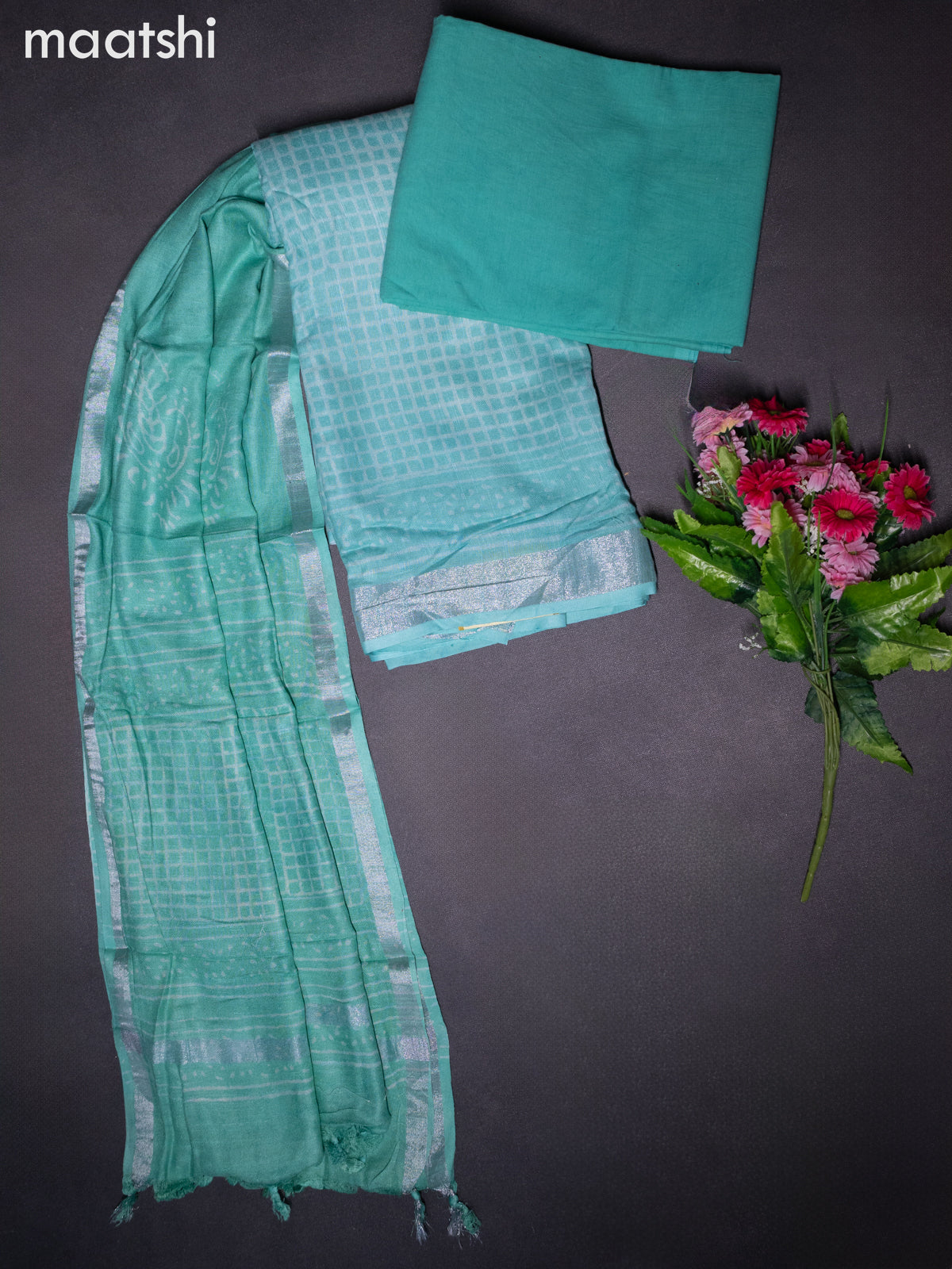 Linen cotton dress material teal blue shade with allover prints and bottom & dupatta