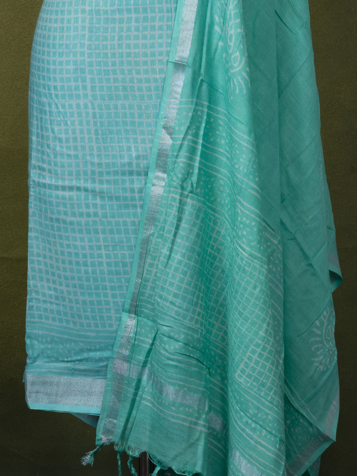 Linen cotton dress material teal blue shade with allover prints and bottom & dupatta