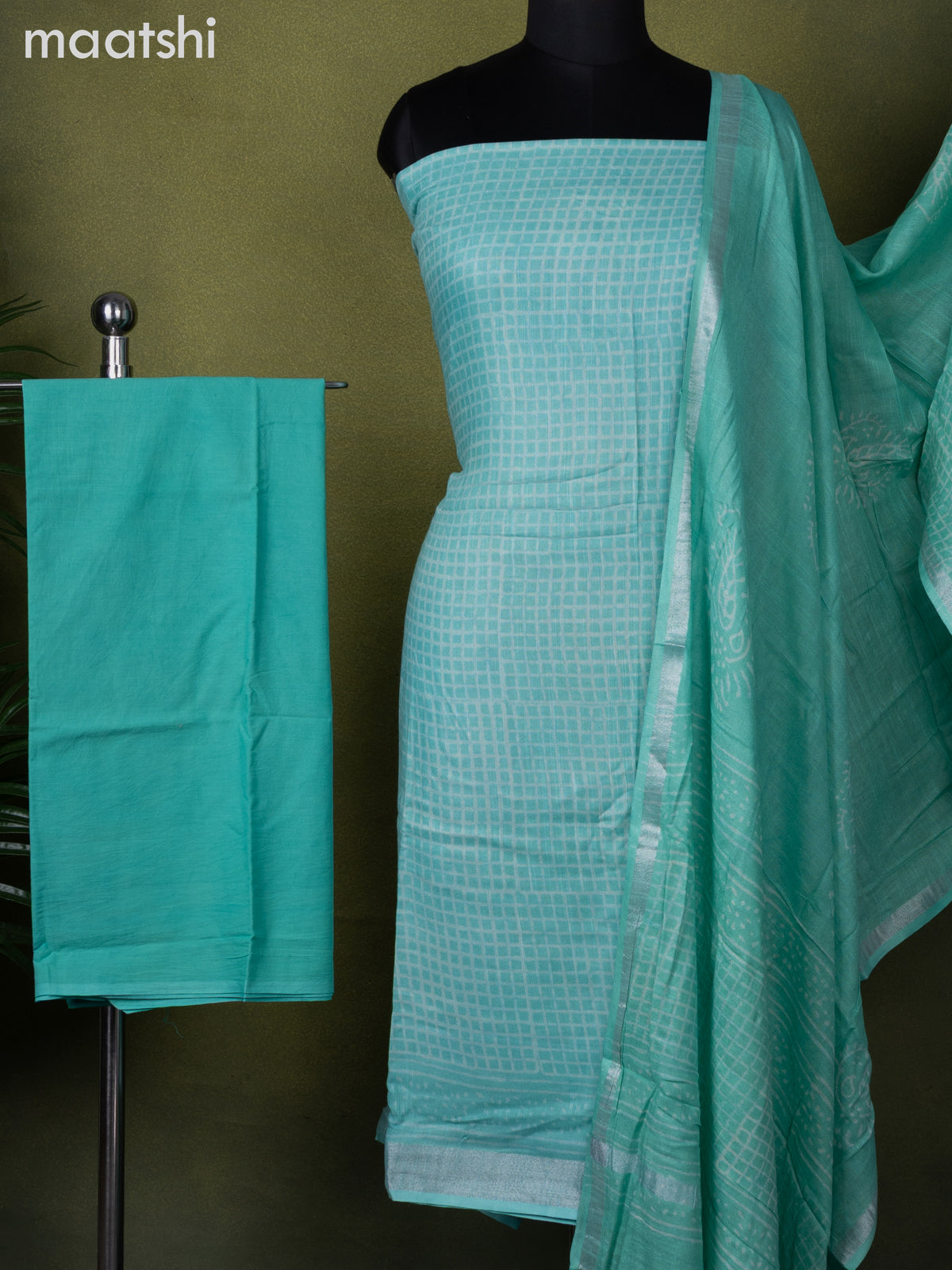 Linen cotton dress material teal blue shade with allover prints and bottom & dupatta