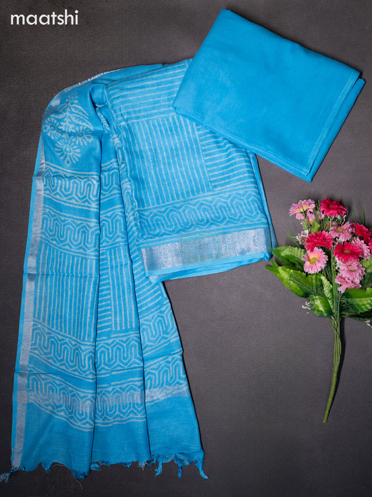 Linen cotton dress material light blue with allover prints and bottom & dupatta