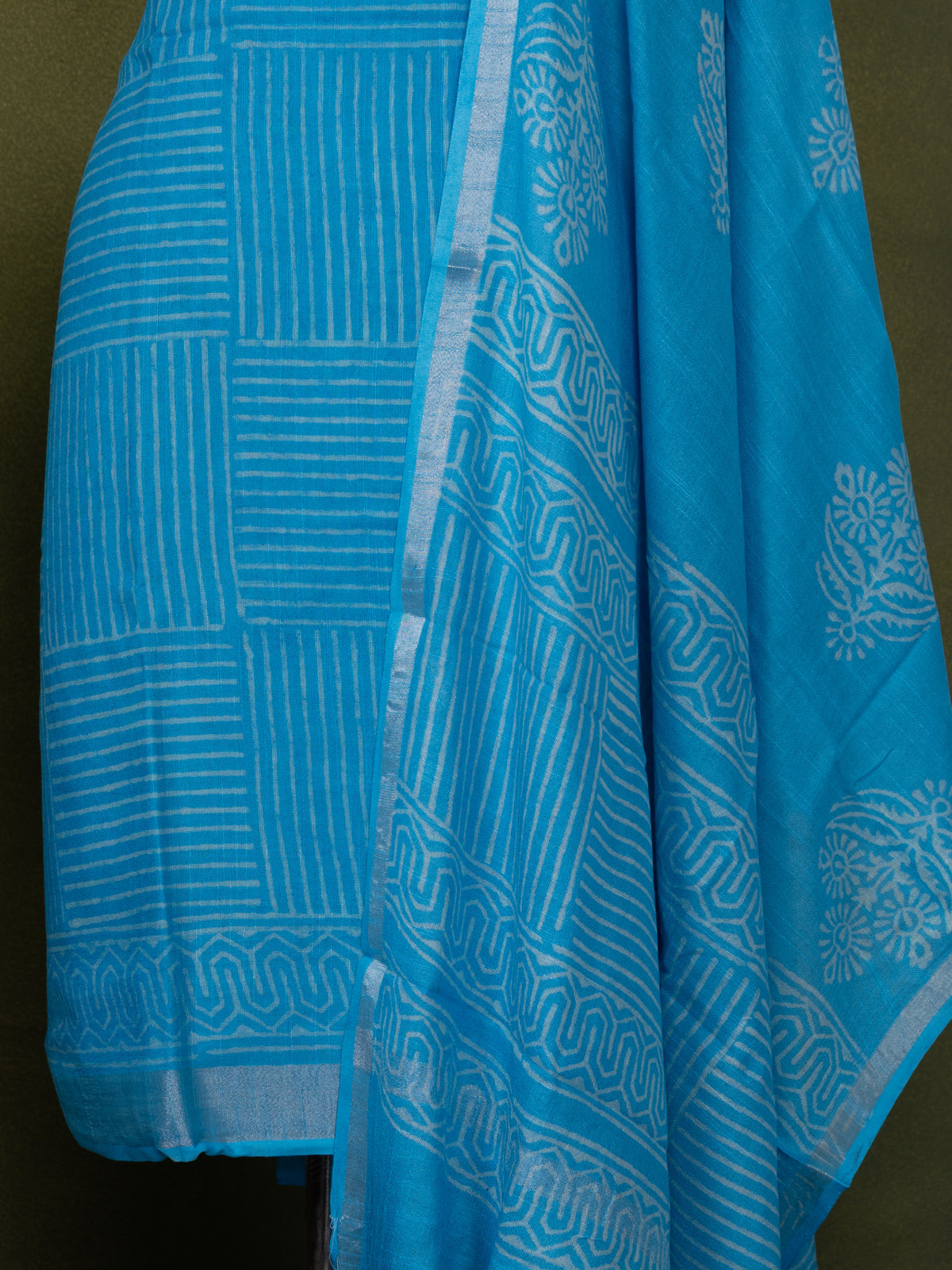 Linen cotton dress material light blue with allover prints and bottom & dupatta