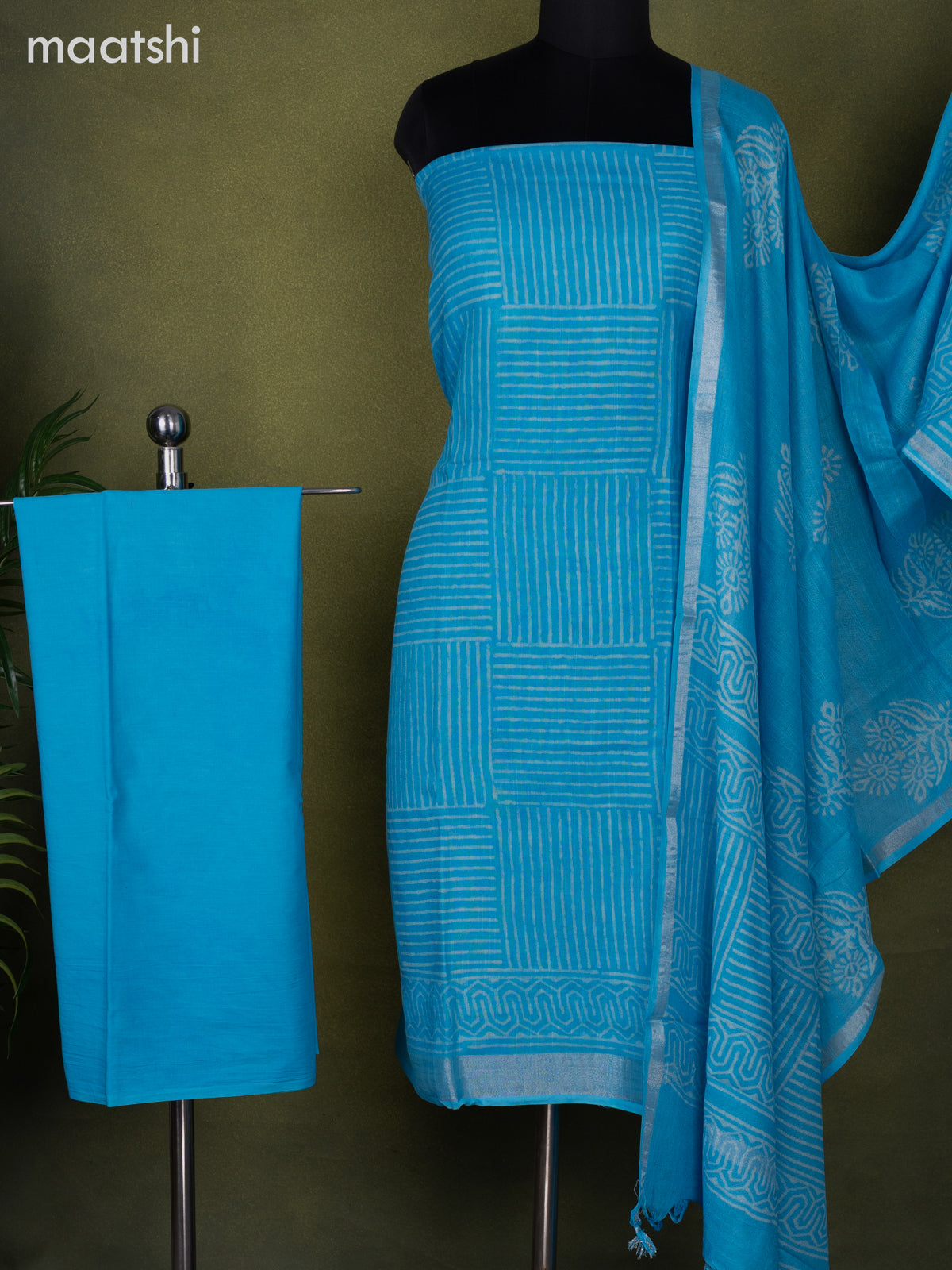 Linen cotton dress material light blue with allover prints and bottom & dupatta