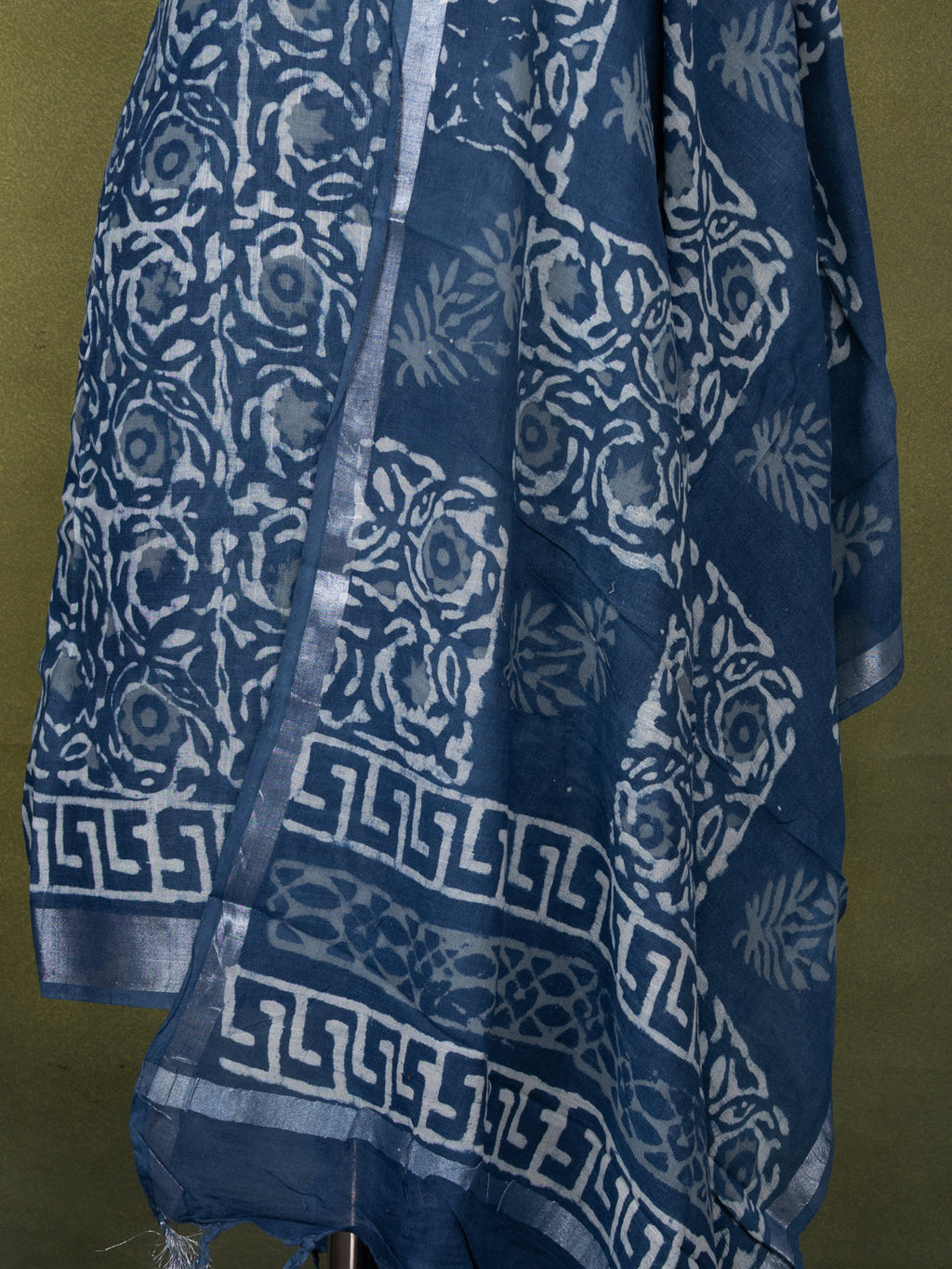 Linen cotton dress material bluish grey and off white with allover dabu prints and bottom & dupatta