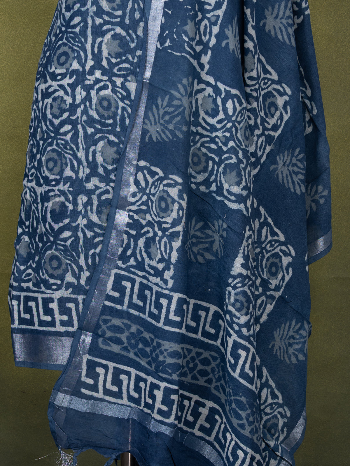 Linen cotton dress material bluish grey and off white with allover dabu prints and bottom & dupatta