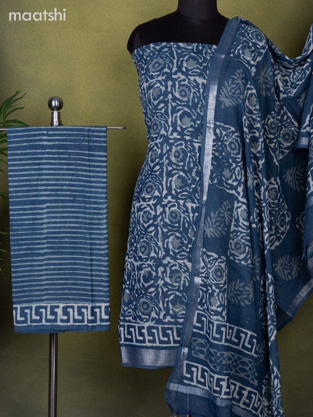 Linen cotton dress material bluish grey and off white with allover dabu prints and bottom & dupatta