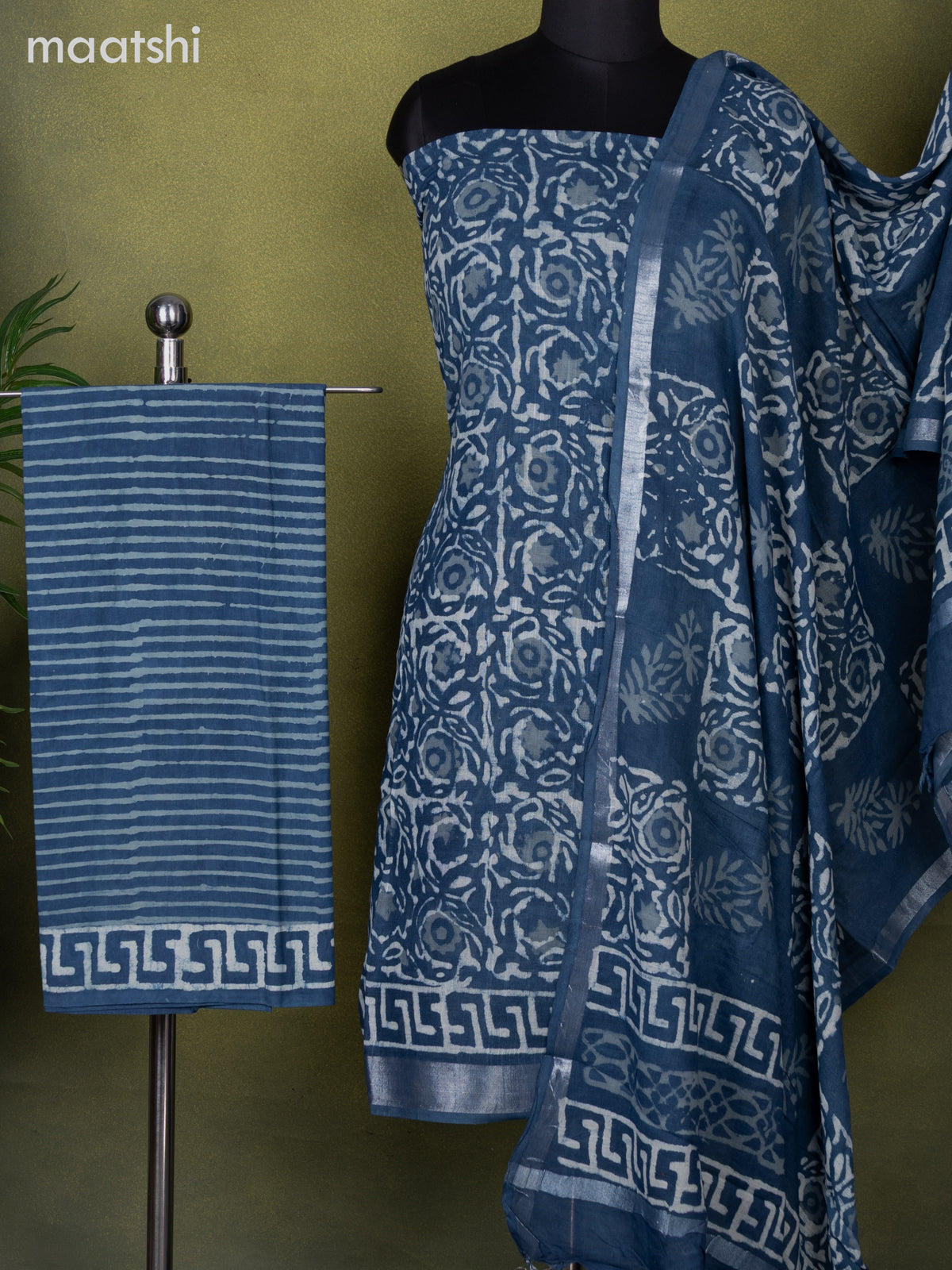 Linen cotton dress material bluish grey and off white with allover dabu prints and bottom & dupatta